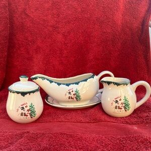 1998 ATICO LET IT SNOW GRAVY BOAT AND SAUCER, CREAM PITCHER AND SUGAR BOWL